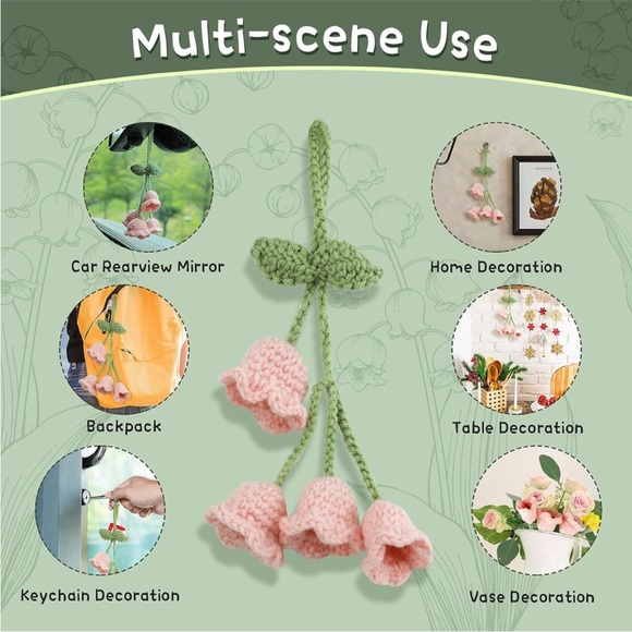Handmade Kawaii Woven Pink Bell Flower Plant Knit Car Mirror Hanging Accessory - Picture 3 of 10